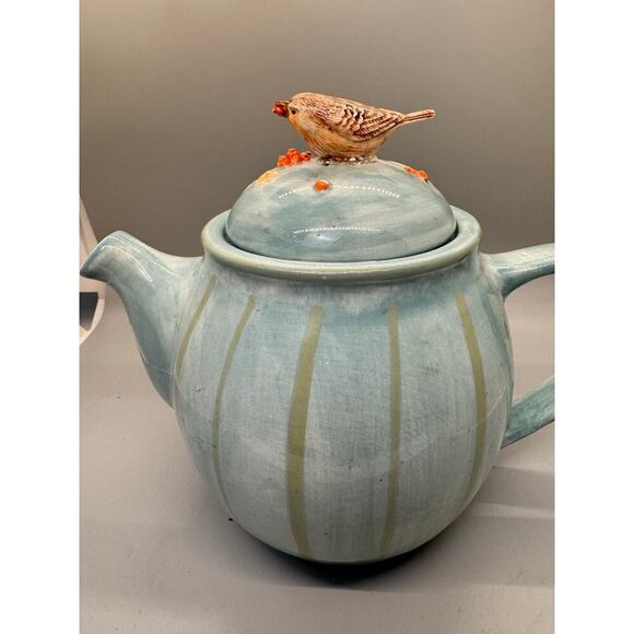 Marjolein Bastin Teapot Bird & Berries Hallmark Signed Blue with Green Stripes - Picture 1 of 12